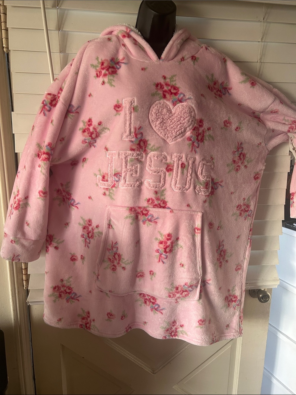 Pink Floral Oversize Hoodie with 'I ♥ JESUS' Applique
